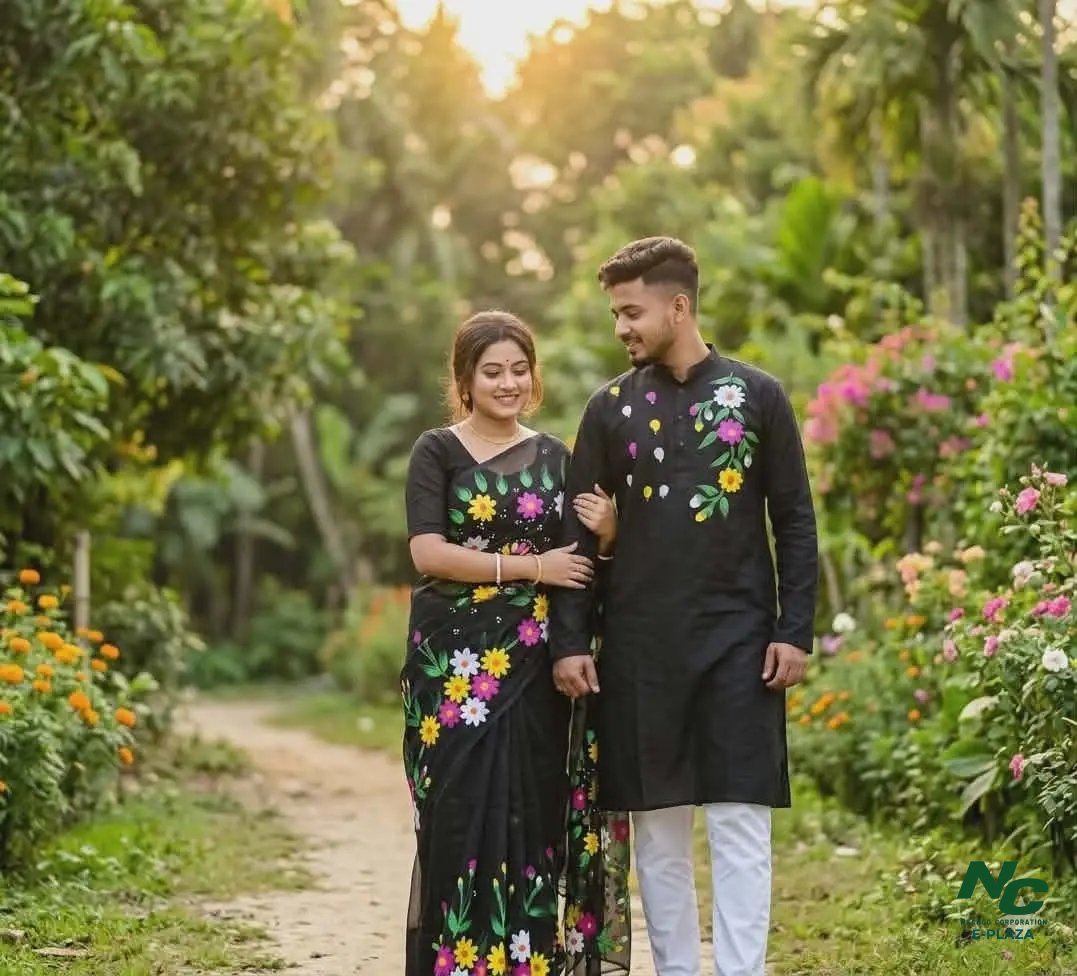 Exquisite Hand-Painted Black Couple Saree and Panjabi Set for Traditional Events - Neango Corporation