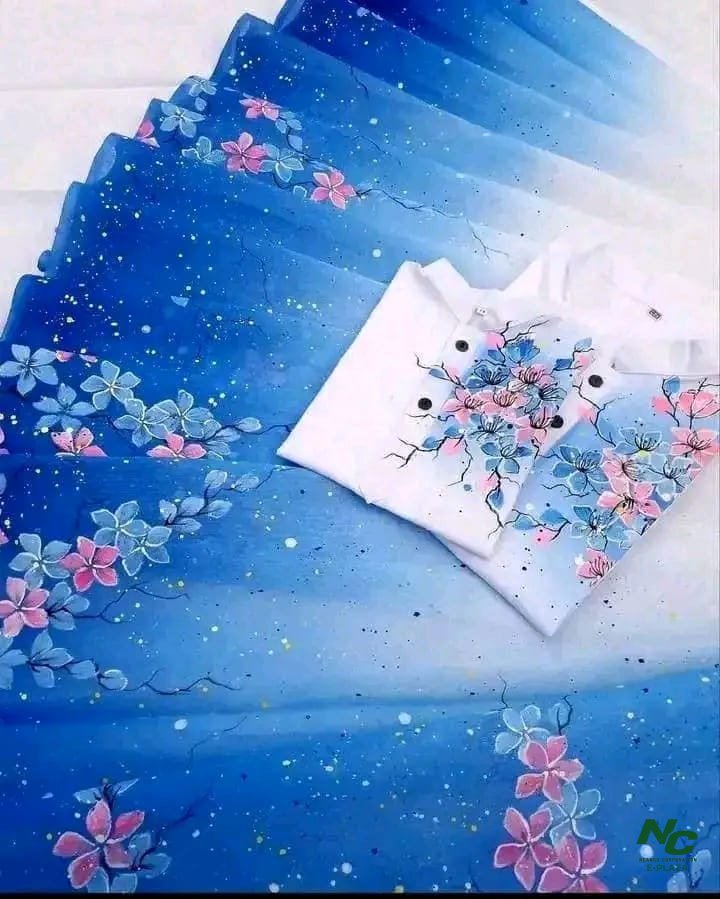 Exquisite Hand-Painted White Blue Couple Saree and Panjabi Set for Traditional Events - Neango Corporation
