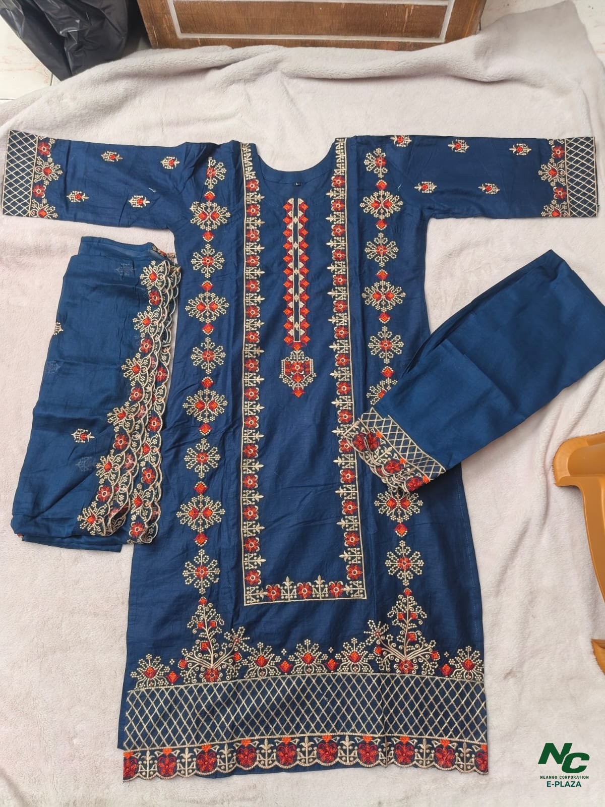 Royal Blue Premium Embroidered Cotton-Blend Kurti Set with Matching Dupatta - Neango Corporation