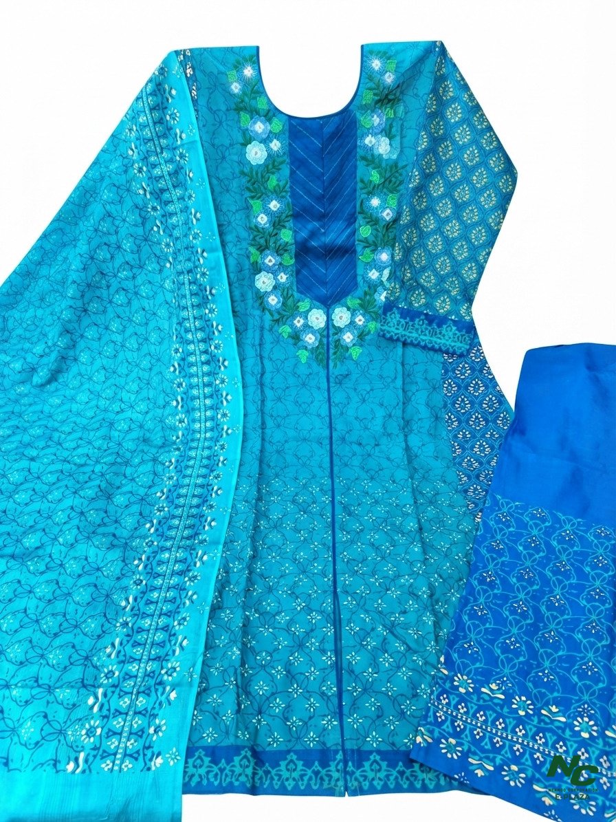 Turquoise Blue Embroidered 3-Piece Suit with Printed Dupatta - Neango Corporation